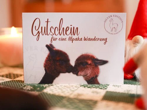 Gutschein Alpaka-Wanderung mit Grußkarte – Geschenk für besondere Anlässe